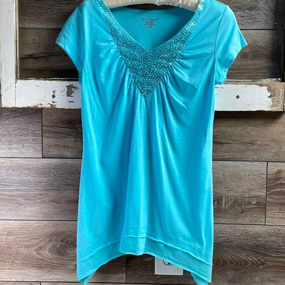 Bay Studio Ladies Sequined Top , Size Petite Medium, Blue